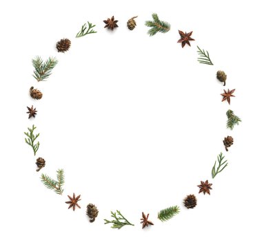 Beyaz arka plan üzerinde doğal süsler (Anason yıldız, koni ve çeşitli yeşil dallar) Noel çerçeve yaptı. Kopya alanı.
