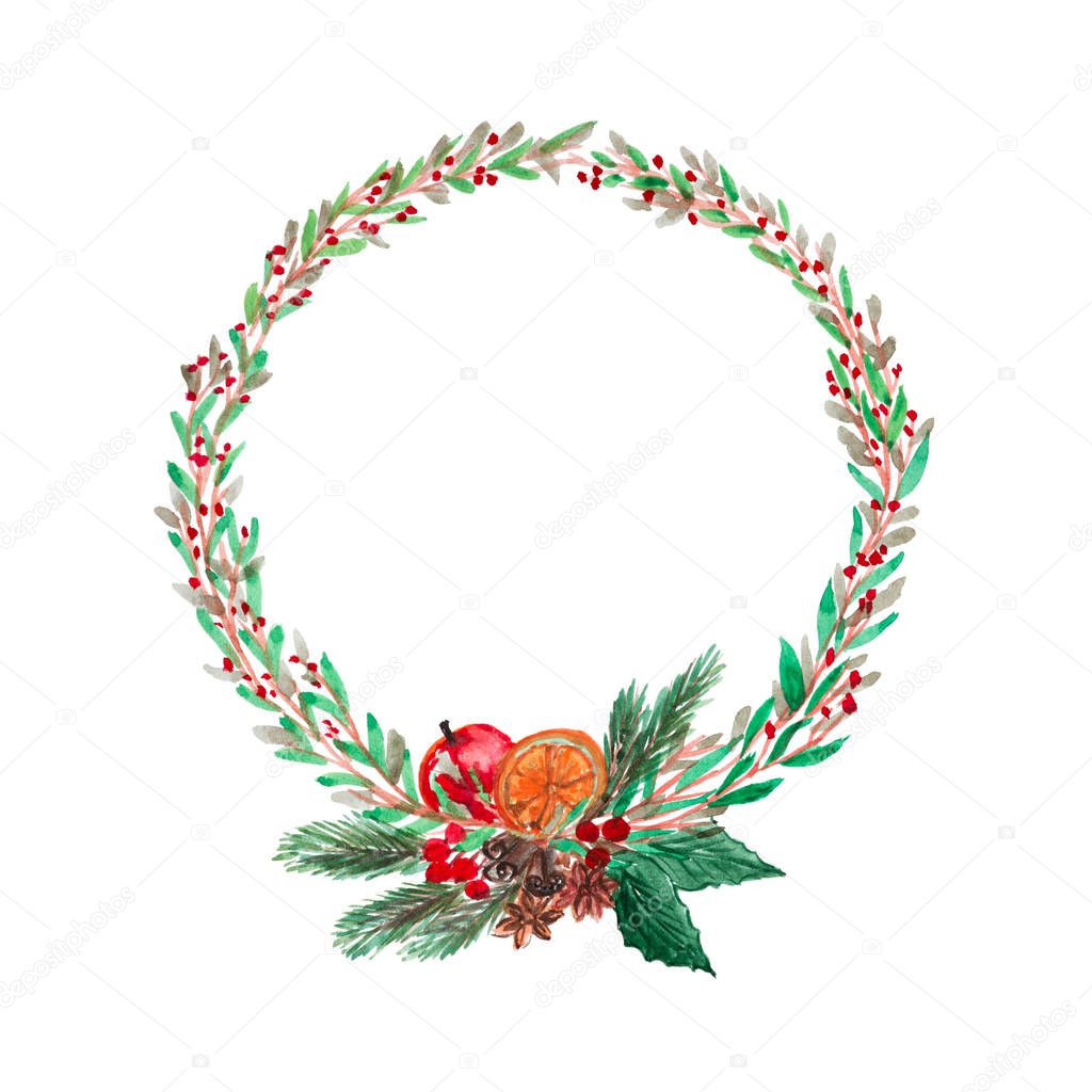 Christmas wreath in watercolor. Copy space.