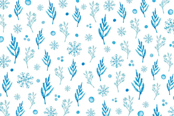 Χριστούγεννα Μοτίβο Ακουαρέλα Στολίδια Κλαδιά Νιφάδες Χιονιού Λευκό Φόντο — Φωτογραφία Αρχείου