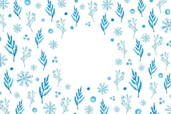 Рождественский Узор Акварелью Ветки Снежинки Белом Фоне — стоковое фото