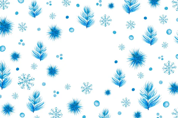 Modello Natale Con Ornamenti Acquerello Blu Sfondo Bianco — Foto Stock