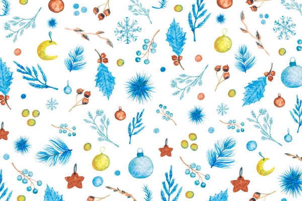Kerst Patroon Met Aquarel Versieringen Takjes Bessen Bladeren Sneeuw Kerstballen — Stockfoto