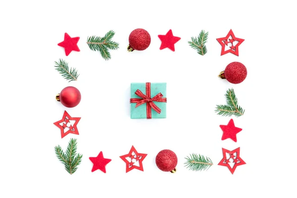 Padrão Natal Com Ornamentos Pequenos Presentes Natal Bolas Natal Vermelho — Fotografia de Stock