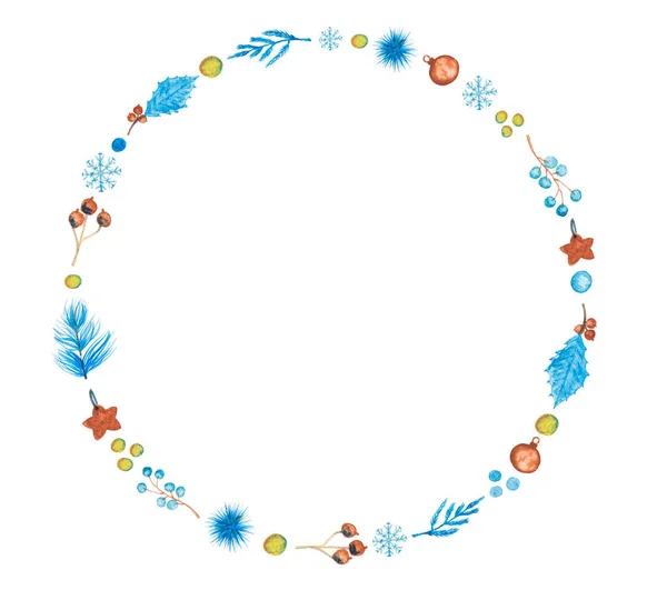 Noel suluboya arka plan: Daire holly winterberry, yıldız, süs eşyaları, dallar, kar taneleri ve çilek yapılmış. Kopyalama alanı.