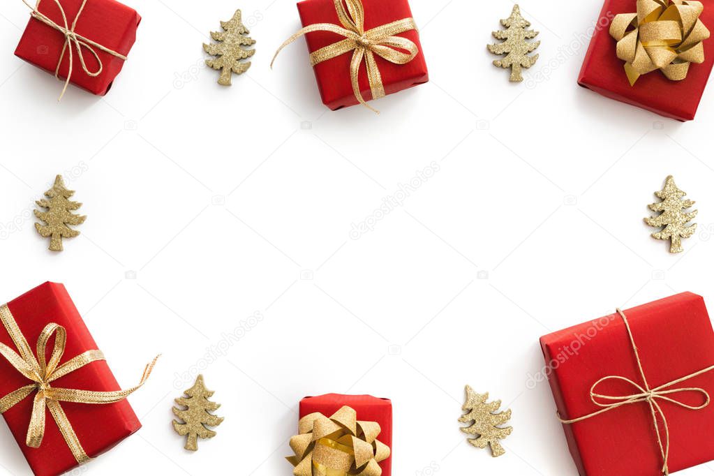 Red And Gold Christmas Gifts On White Background