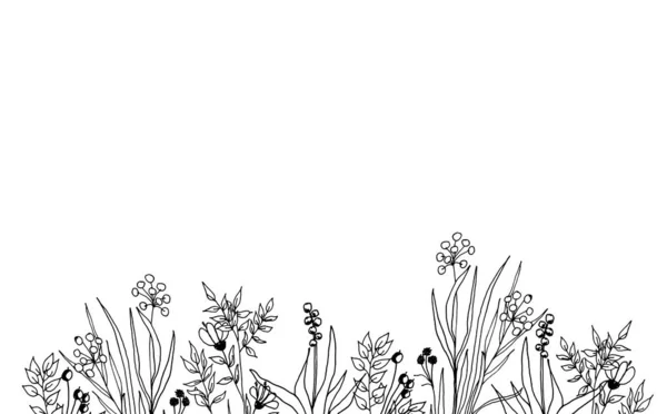 Border made of hand-drawn plants (flowers) on white background. Black and white. Design element. Cut out. Copy space.