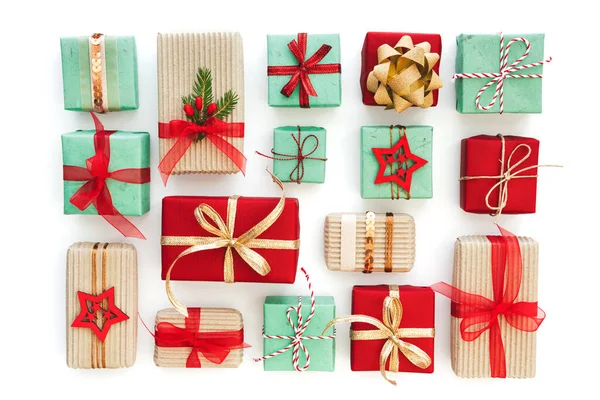 Collection Colorful Christmas Presents Isolated White Flat Lay View — Stock Photo, Image