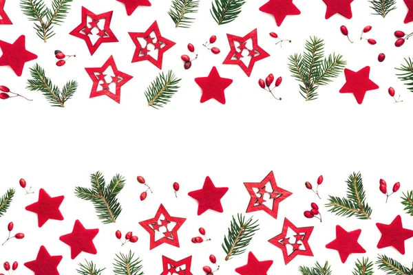 Christmas Background Red Stars Green Pine Twigs Red Berries Isolated Royalty Free Stock Images