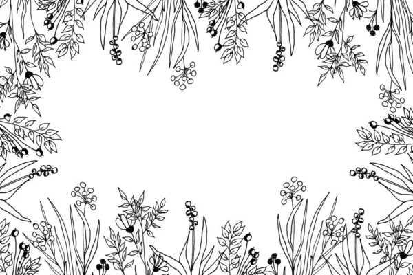 Frame made of hand-drawn plants (flowers) on white background. Black and white. Design element. Cut out. Copy space.
