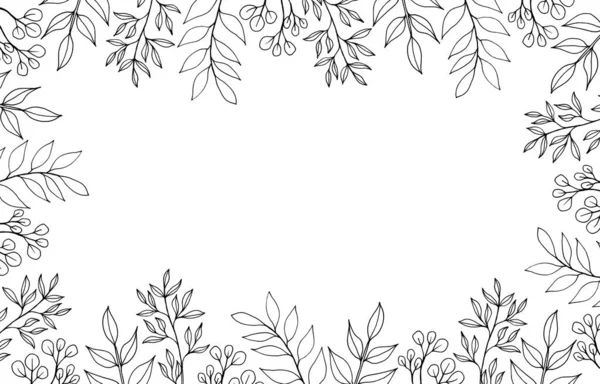 Frame made of hand-drawn plants (leaves) on white background. Black and white. Design element. Cut out. Copy space.