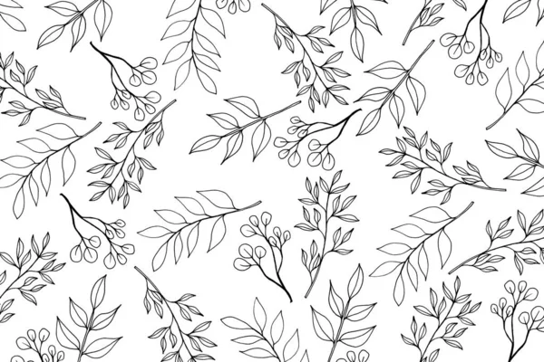 Wiosenny Wzór Wykonany Ręcznie Rysowanych Roślin Liści Białym Tle Czarno — Zdjęcie stockowe