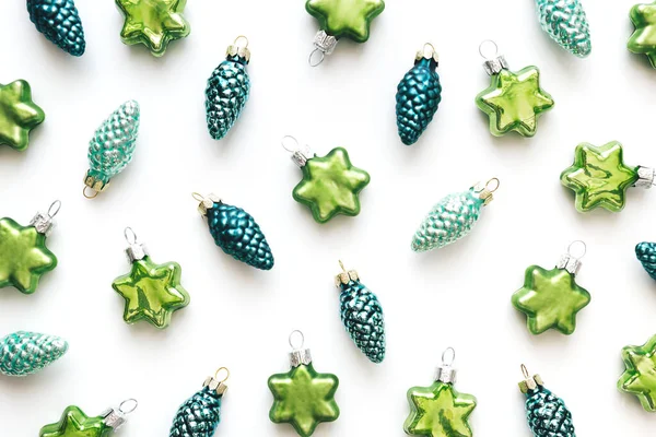 Christmas Pattern Made Christmas Baubles Green Stars Blue Cones Isolated Stock Photo