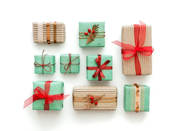 Collection Colorful Christmas Presents Isolated White Flat Lay View Stock Picture