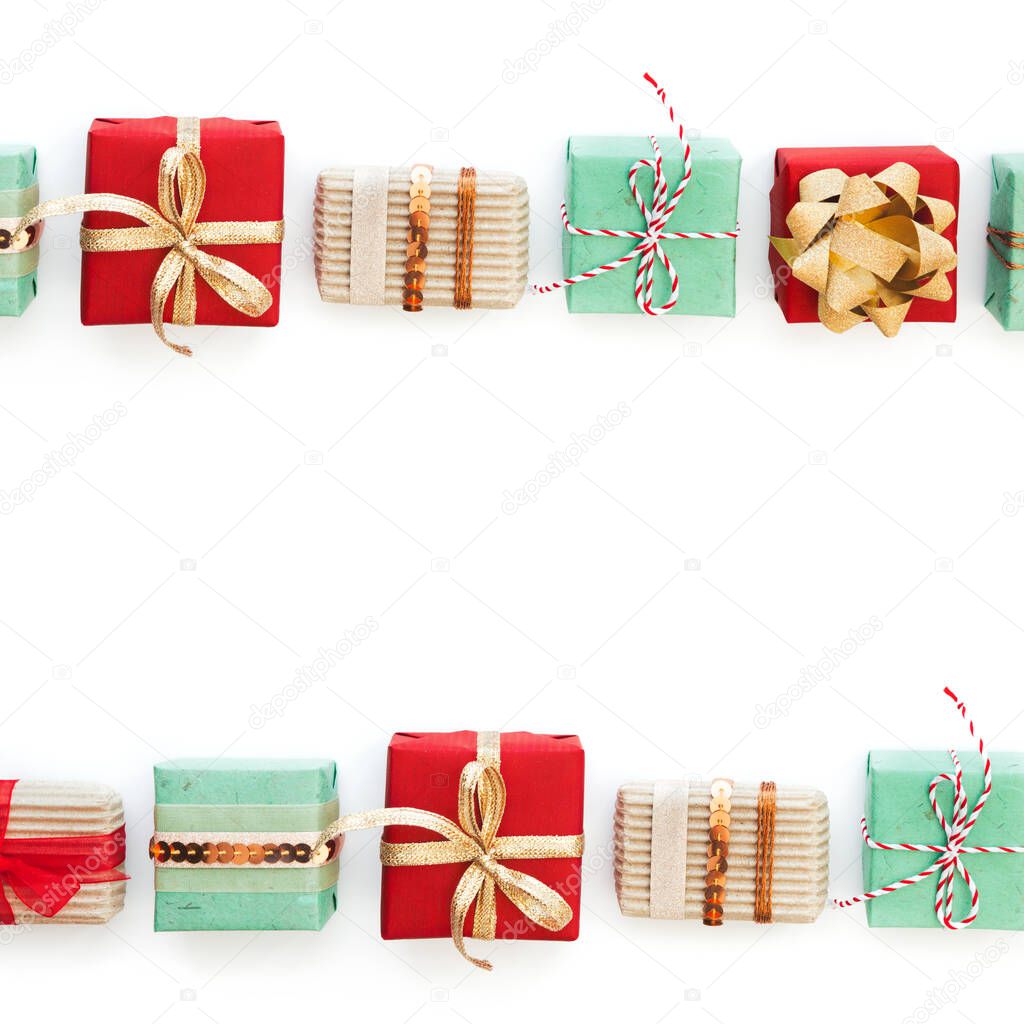 Collection of colorful Christmas presents isolated on white. Flat lay. View from above. Copy space.