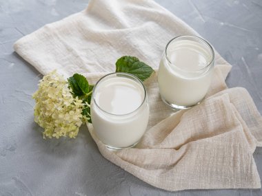 Gri bir arka plan üzerinde iki bardak doğal süt. Kopyalama alanı.
