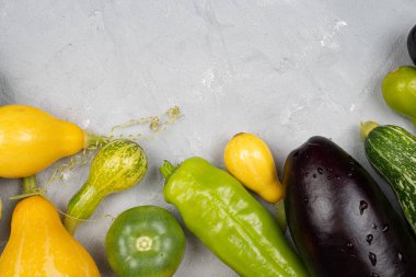 kabak, patlıcan açık gri bir arka plan, hasat yalan. Bu, 