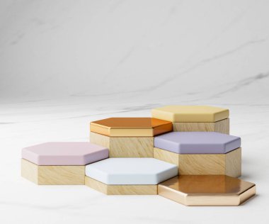 Soyut konseptte renkli geometrik podyum ve mermer duvar kağıdının 3D canlandırması.