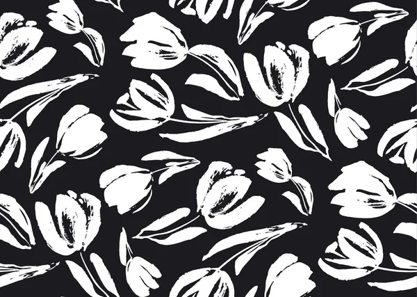 Dibujo en blanco y negro tulipán patrón sin costuras — Vector de stock