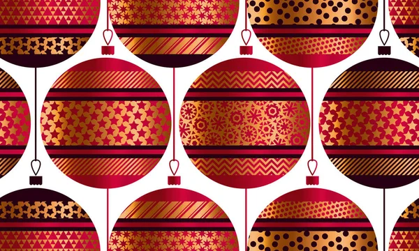 Geometrische rood en goud xmas kerstballen naadloze patroon. — Stockvector