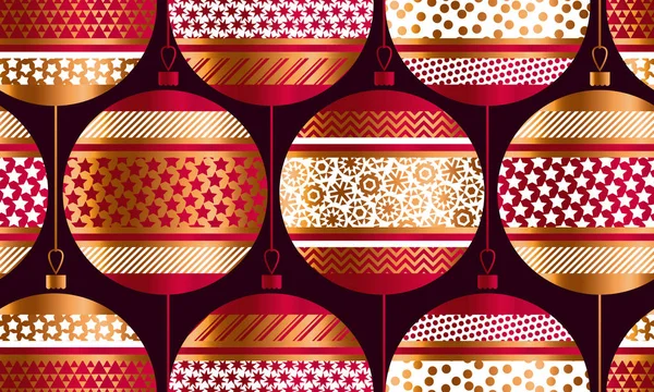 Geometrische rood en goud xmas kerstballen naadloze patroon. — Stockvector