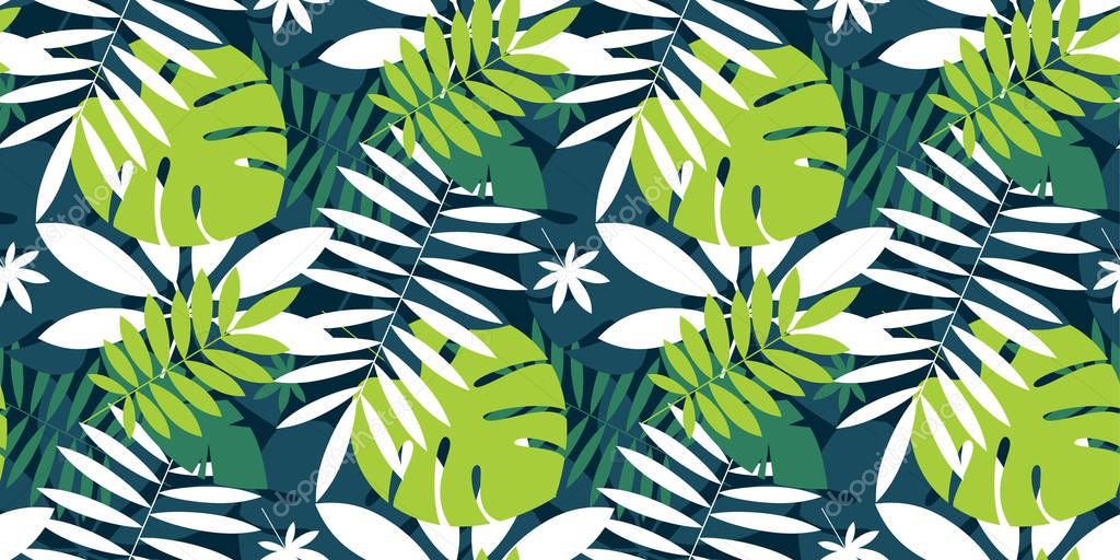 Simple green tropical leaves design seamless pattern