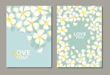 Soluk mavi arka plan basit zarif stili tropikal egzotik plumeria çiçeklenir. Soyut dekoratif frangipani çiçek vektör çizim poster, kart, davet için.