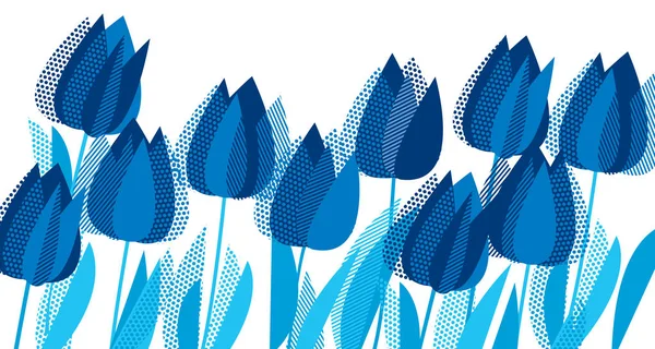 Graphic tulip flowers in monochrome blue color — Stock Vector