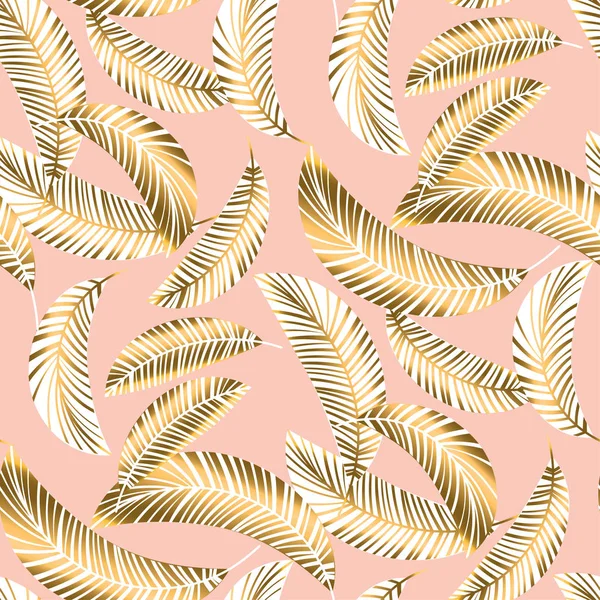 Patrón sin costura tropical de oro rosa con follaje de palma — Vector de stock