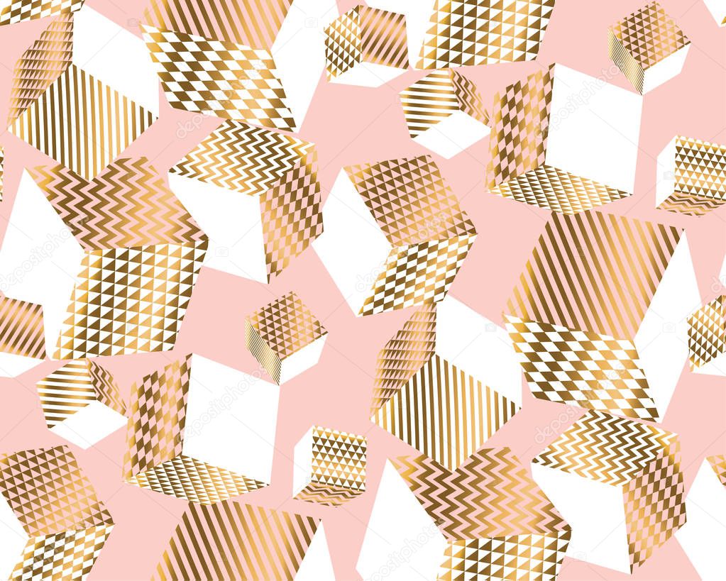 Gold and pale rose cubes in dynamic chaos. 