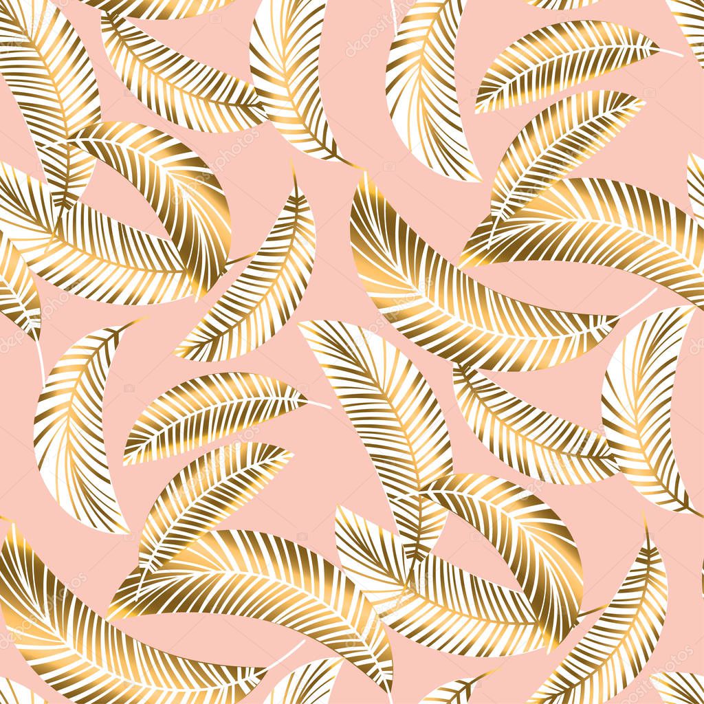 Rose gold tropical seamless pattern with palm foliage