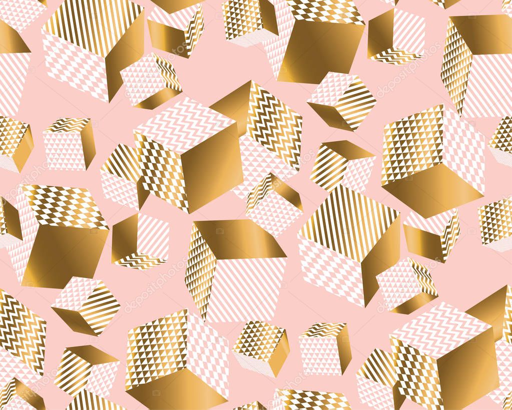 Gold and pale rose cubes in dynamic chaos.