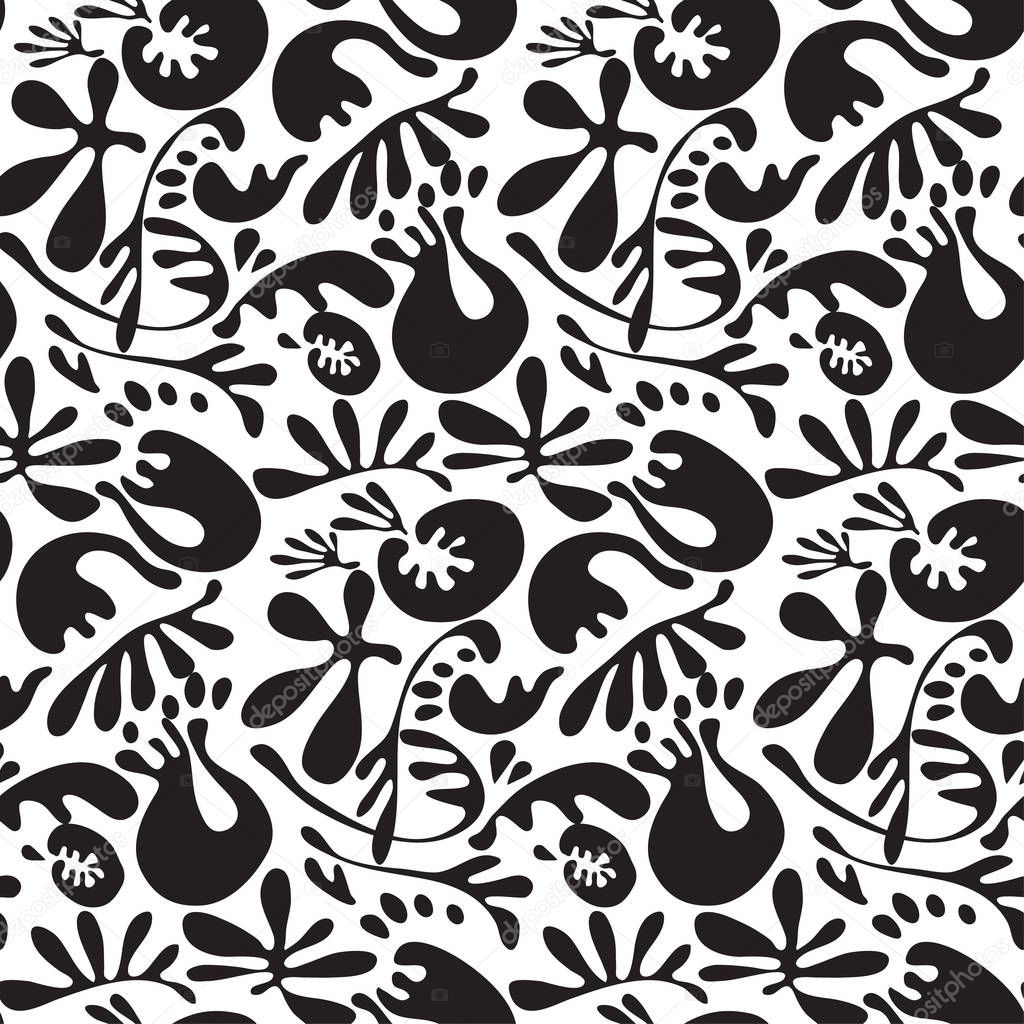 Fantastic leaves and flowers. Elegant black and white silhouette seamless pattern for background, wrapping paper, fabric, surface design. Cool decorative floral repeatable motif