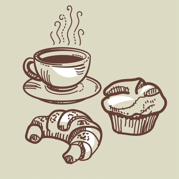 Xícara de café, croissant e muffin. estilo esboço — Vetor de Stock