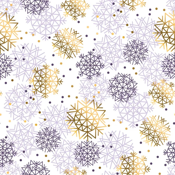 Oro y violeta copos de nieve patrón inconsútil de lujo — Vector de stock
