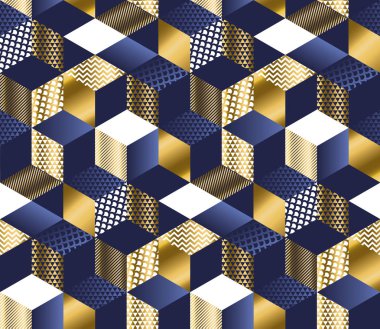 Geometrik-mavi ve altın küpleri lüks seamless modeli