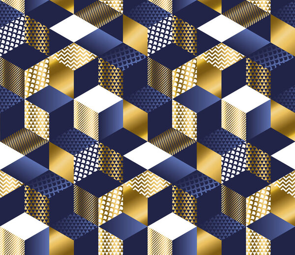 Геометрические голубые и золотые кубики роскошный бесшовный узор
