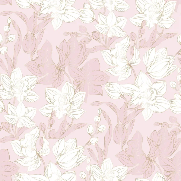 Orchid seamless pattern in pastel and gold color — Stock Vector