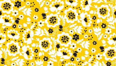 Basit sarı çiçek seamless modeli. Naive yaz parlak altın çiçek yinelenebilir motif. Siyah ve beyaz dekoratif çiçek ile kumaş uyum.