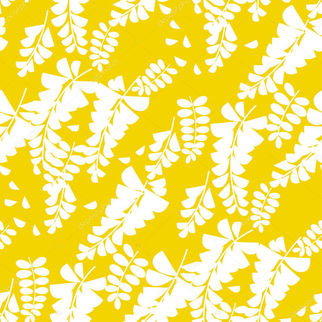 Simple yellow acacia flower seamless pattern. Naive summer gold carob floral repeatable motif. Fabric rapport with black and white decorative flowers.