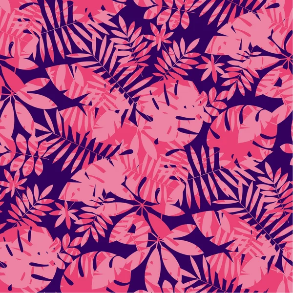 Hojas tropicales en coral rosado y colores azul profundo — Archivo Imágenes Vectoriales