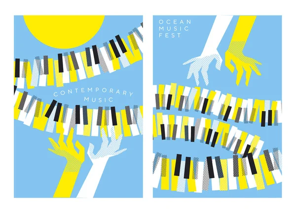 Mãos e teclas de piano sobre céu azul e sol amarelo — Vetor de Stock