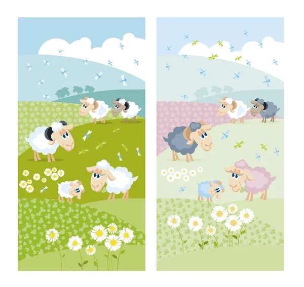 Owce na zielonych wzgórzach z białych kwiatów — Wektor stockowy