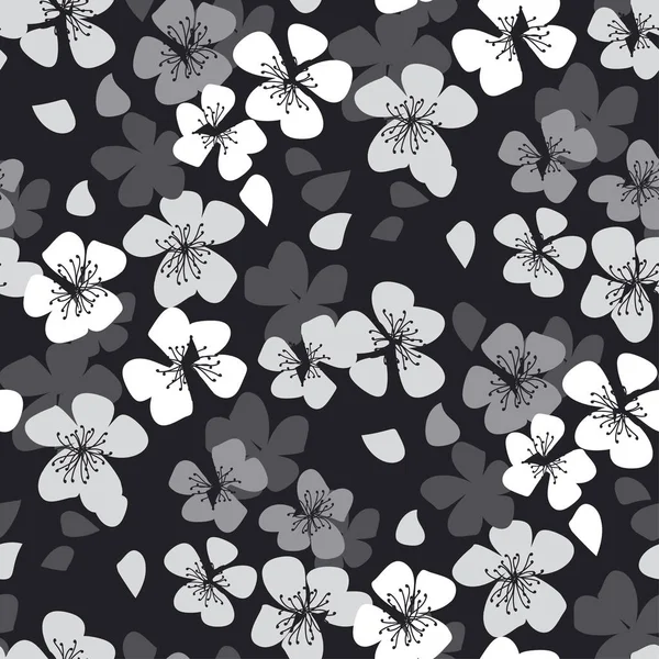 Negro y blanco sakura flor inconsútil patter — Vector de stock