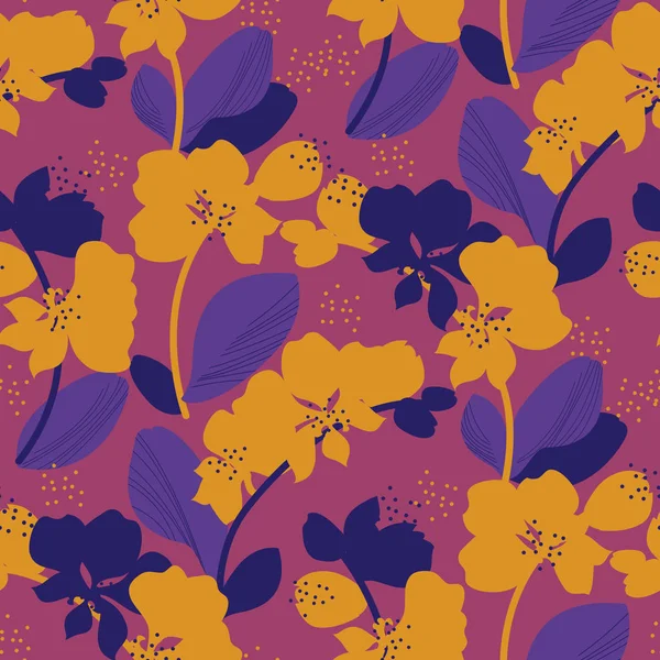 兰花无缝图案在明亮的复古60年代的颜色 — 图库矢量图片