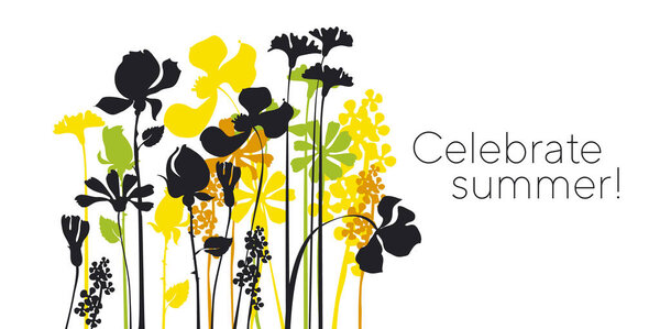 Summer meadow pattern with black silhouettes.