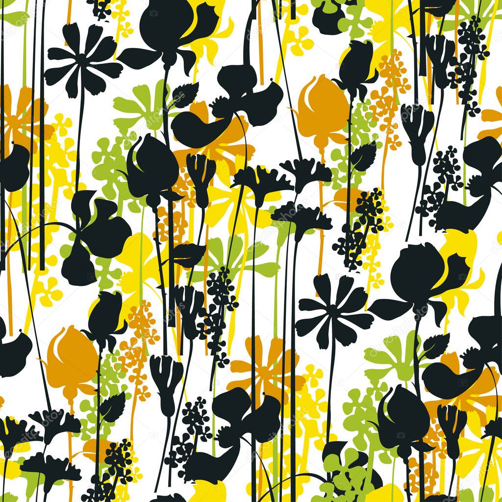 Summer meadow seamless pattern, black silhouettes