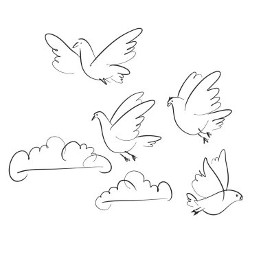 Kuşlar ve bulutlar vektör el çizilmiş illüstrasyon