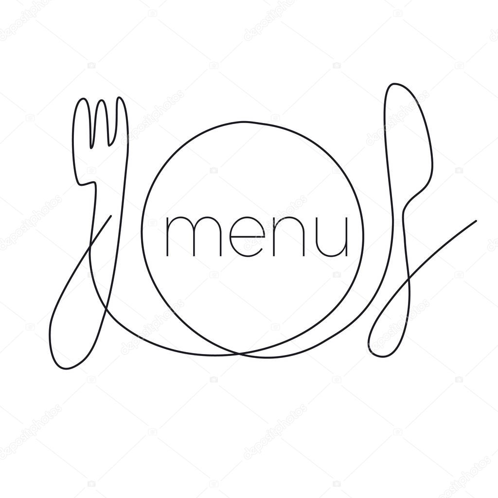 Restaurant menu continuous thin line illustration. Hand drawn kitchenware vector clipart with typography. Fork, plate and knife ink pen sketch drawing. Catering minimalistic contour logotype