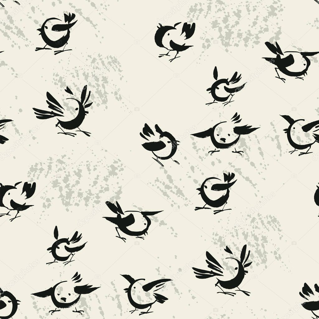 Abstract birds sketch vector seamless pattern