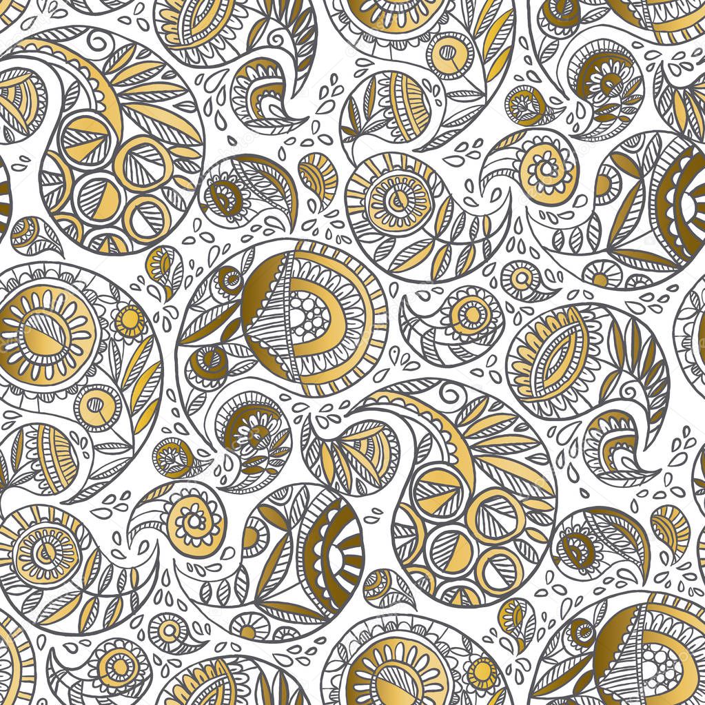 decorative hand drawn gold paisley seamless pattern 